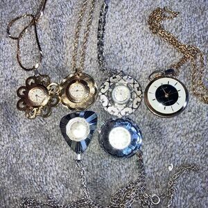 VINTAGE POCKET WATCH NECKLACE LOT (6) FLOWER HEART CARAVELLE CIMIER GOLD SILVER
